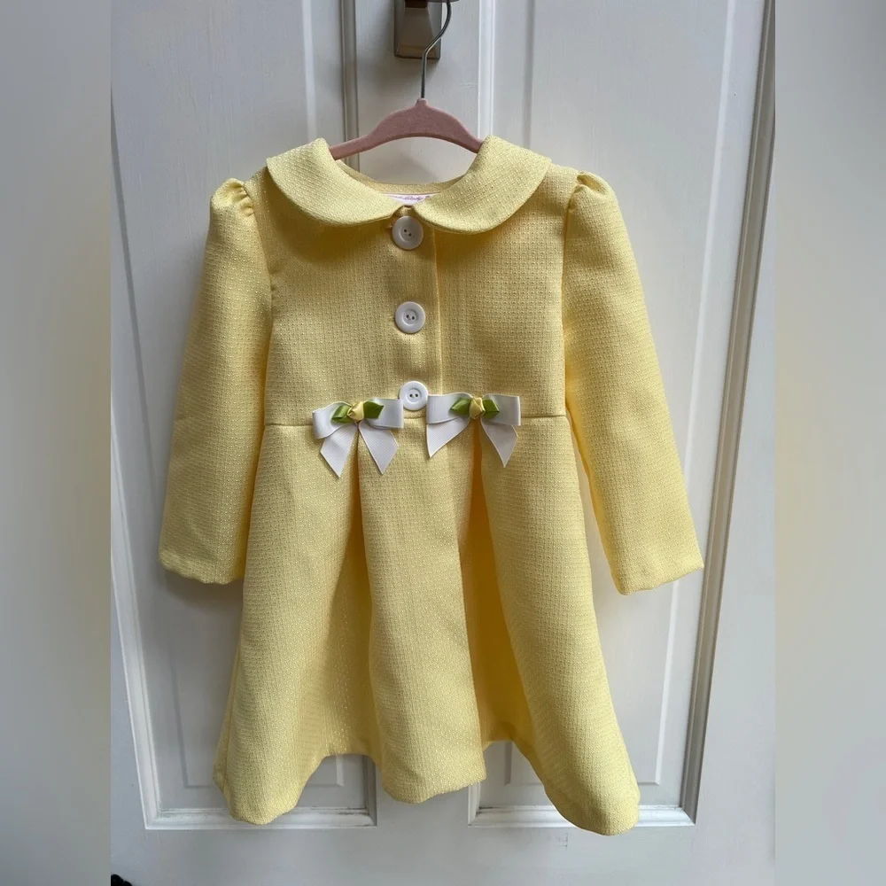 NWOT Bonnie Baby 24M Yellow and White Bow Lightweight Formal Long Coat - Picture 1 of 4